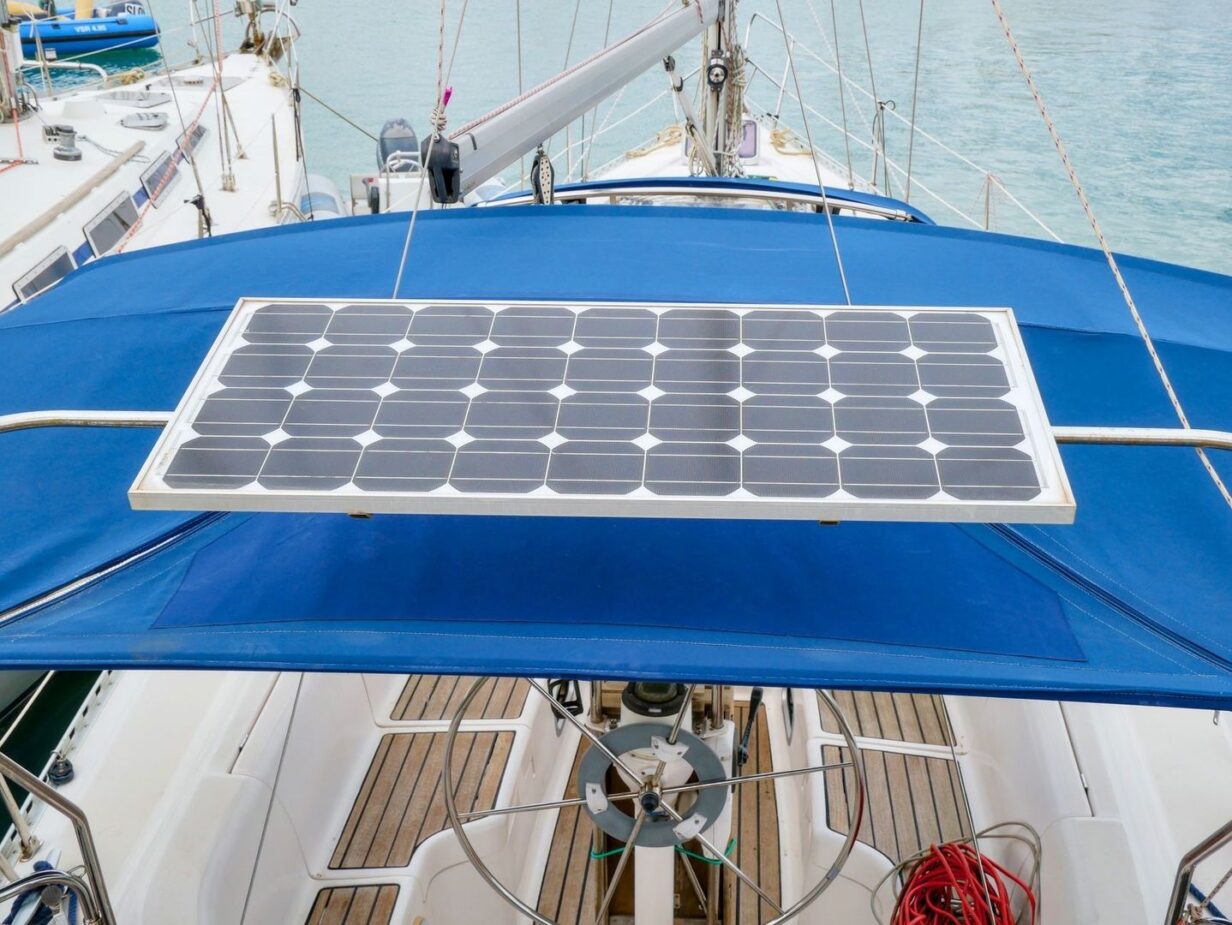 Solarmodul auf dem blauen Verdeck eines Segelboots über dem Cockpit