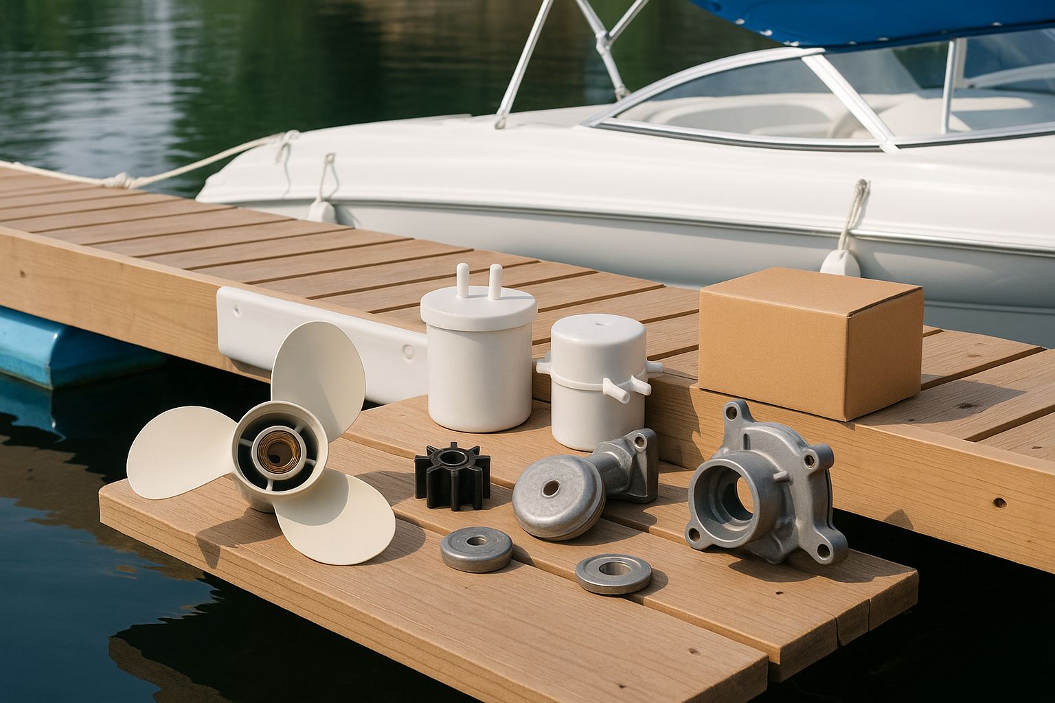 Bootsersatzteile auf einem Bootssteg, bereit für den Einbau.
